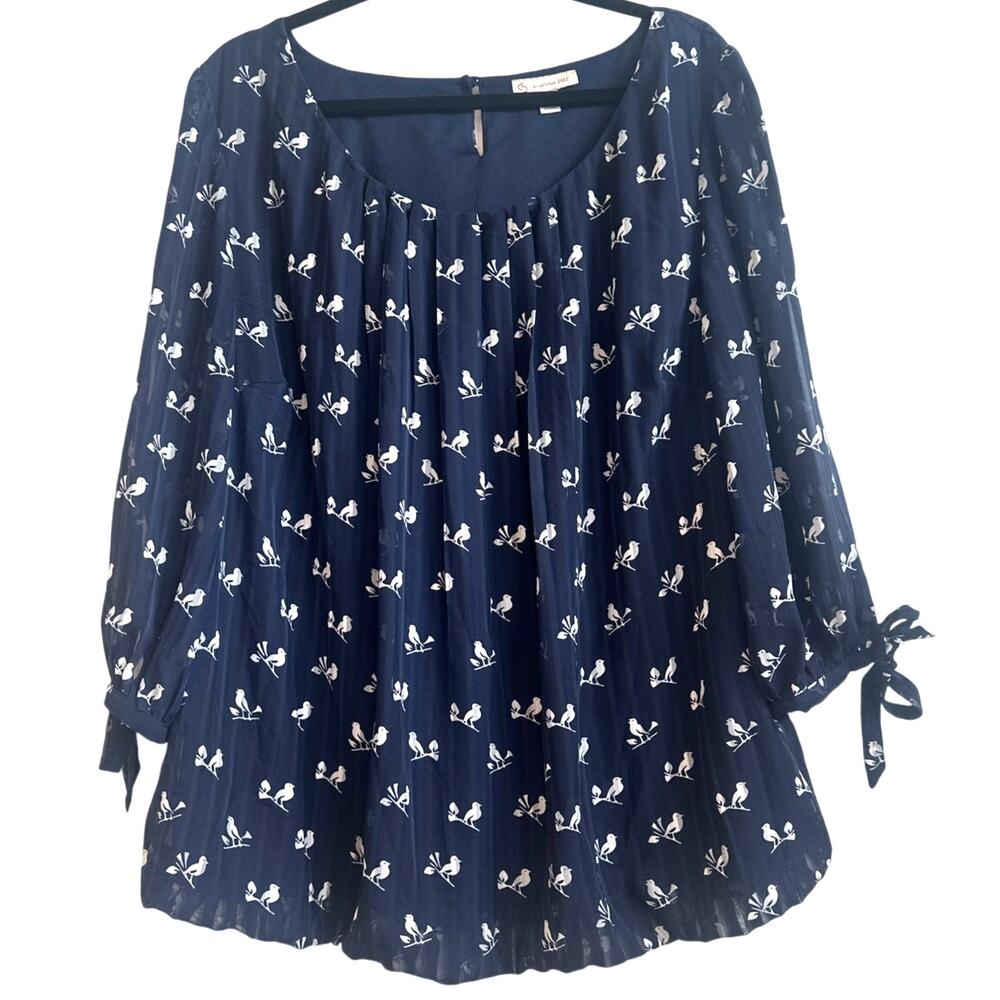 Cb Navy Blue Sheer Boho Blouse with White Birds on Branch Novelty Print